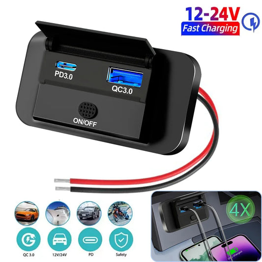 12V RV USB Outlet 36W QC3.0 55W PD Type C Charger Socket Power Switch