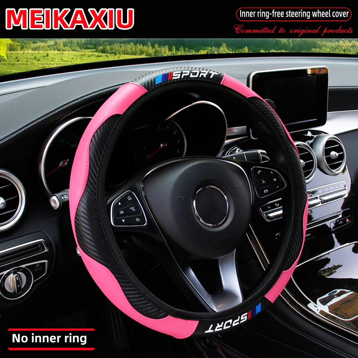 SPORT Carbon Fiber PU Leather Steering Wheel Cover Universal Rimless Non-Slip
