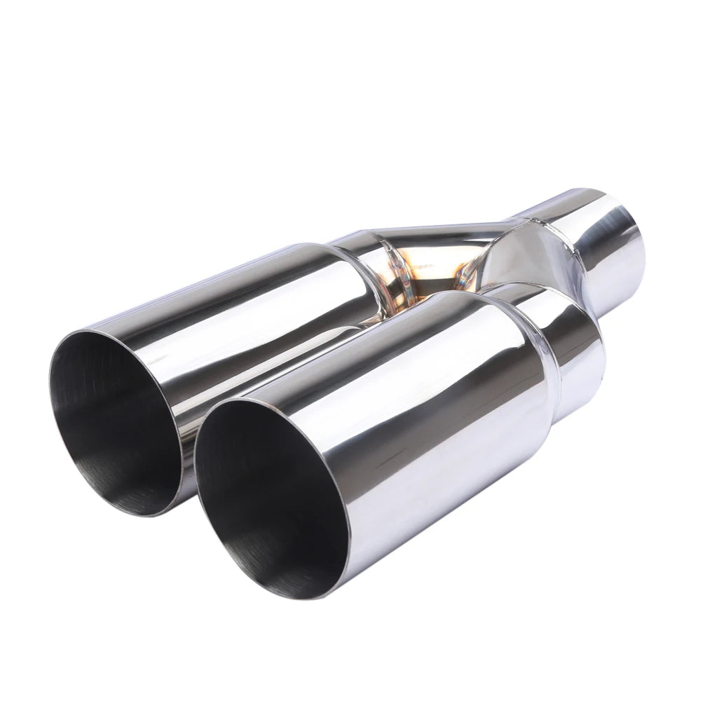 Universal 63mm Inlet to 76mm Dual Outlet Stainless Steel Exhaust Tailpipe Muffler Tip