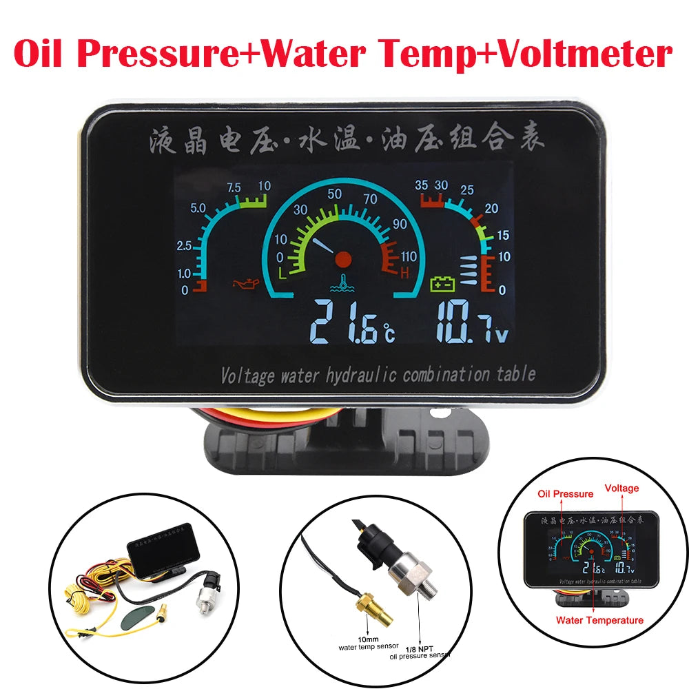 2/3/4-in-1 LCD Digital Oil Pressure Gauge Voltmeter Fuel Level Water Temp