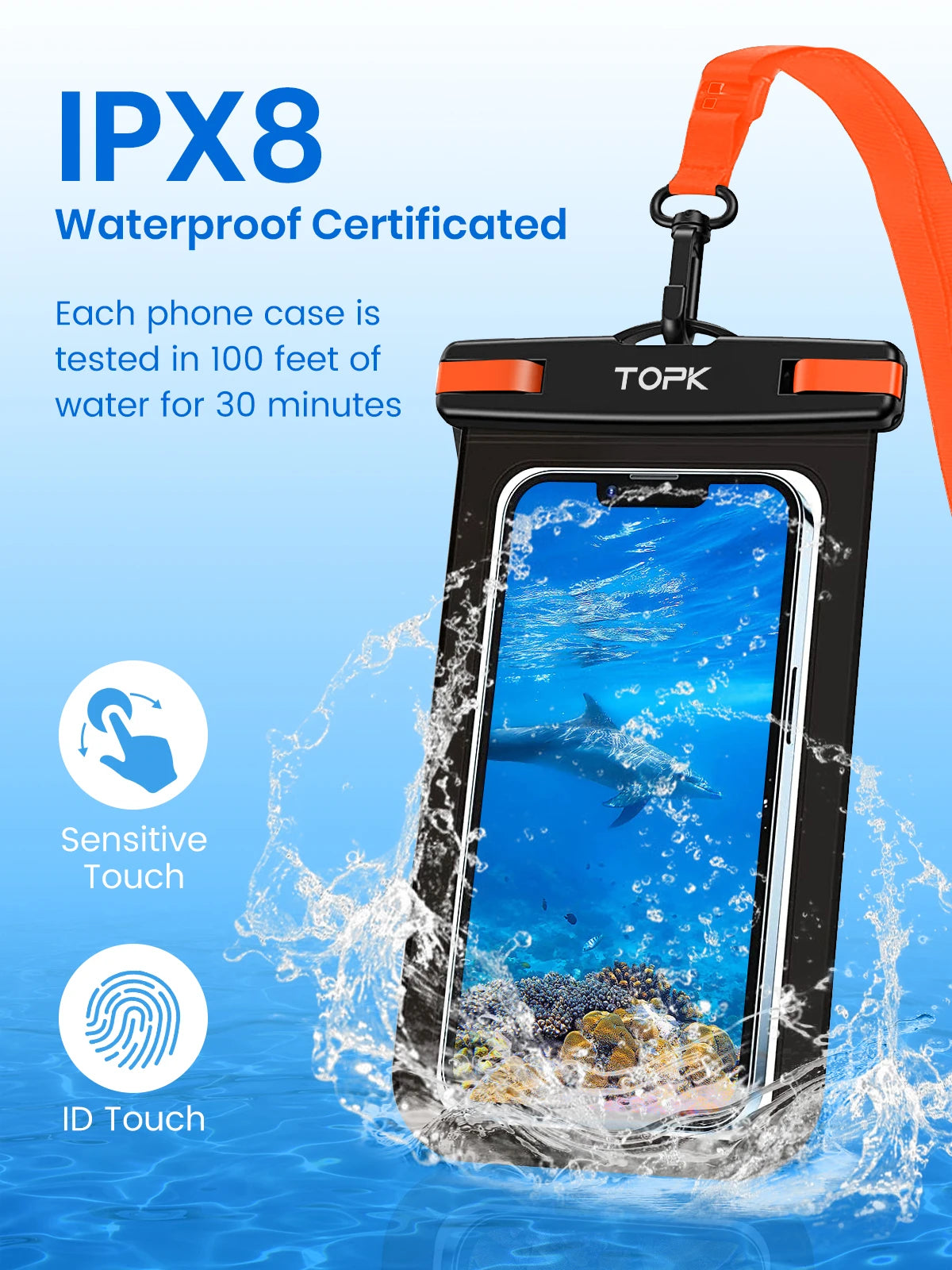 TOPK E01 Waterproof Phone Pouch IPX8 Dry Bag Case Lanyard iPhone Samsung