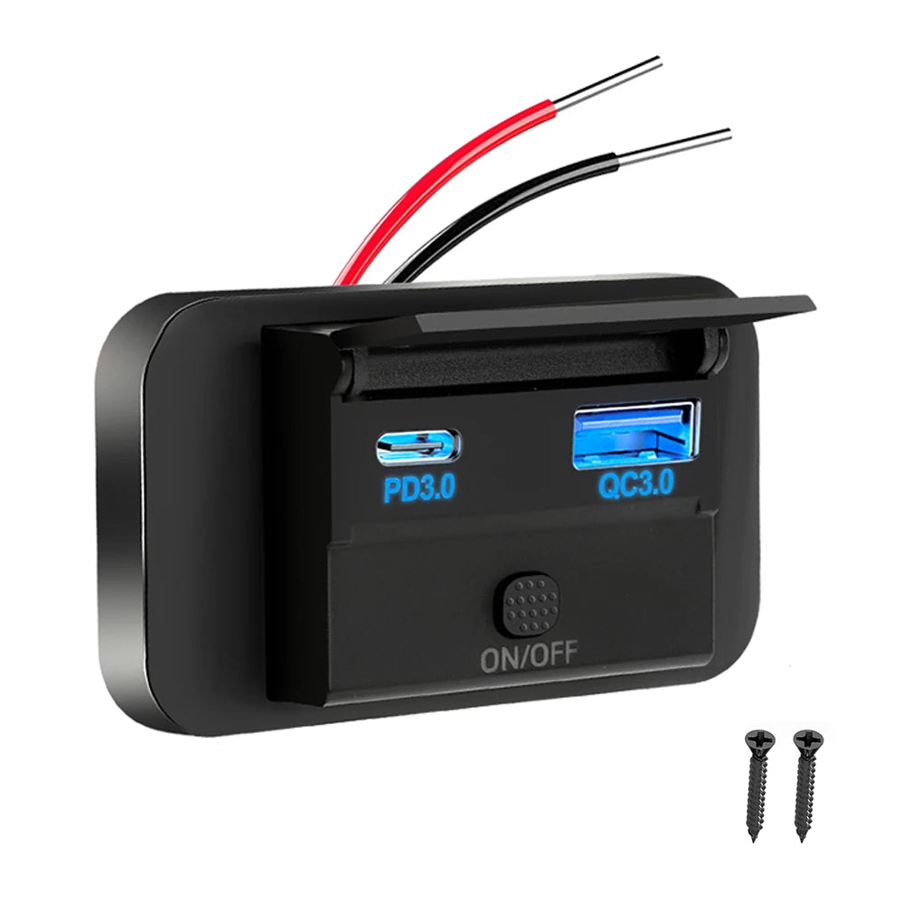 12V-24V Dual USB Car Charger Socket QC3.0 PD Fast Charge ON/OFF Switch RV