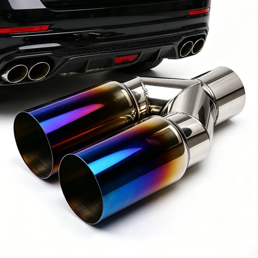 Universal 63mm Inlet to 76mm Dual Outlet Stainless Steel Exhaust Tailpipe Muffler Tip