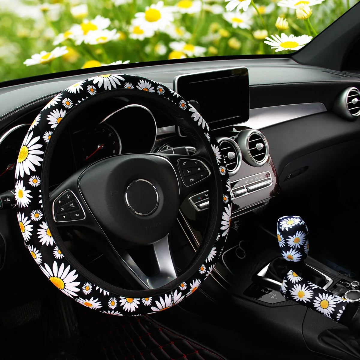 3PCS Fabric Checker Flower & Spider Web Car Interior Cover Set Steering Wheel