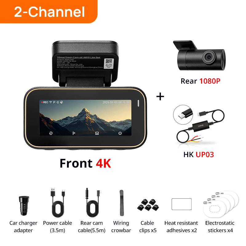 70mai A810 Lite 4K HDR Dash Cam with 1080P Rear Camera Wi-Fi 6 GPS Car DVR