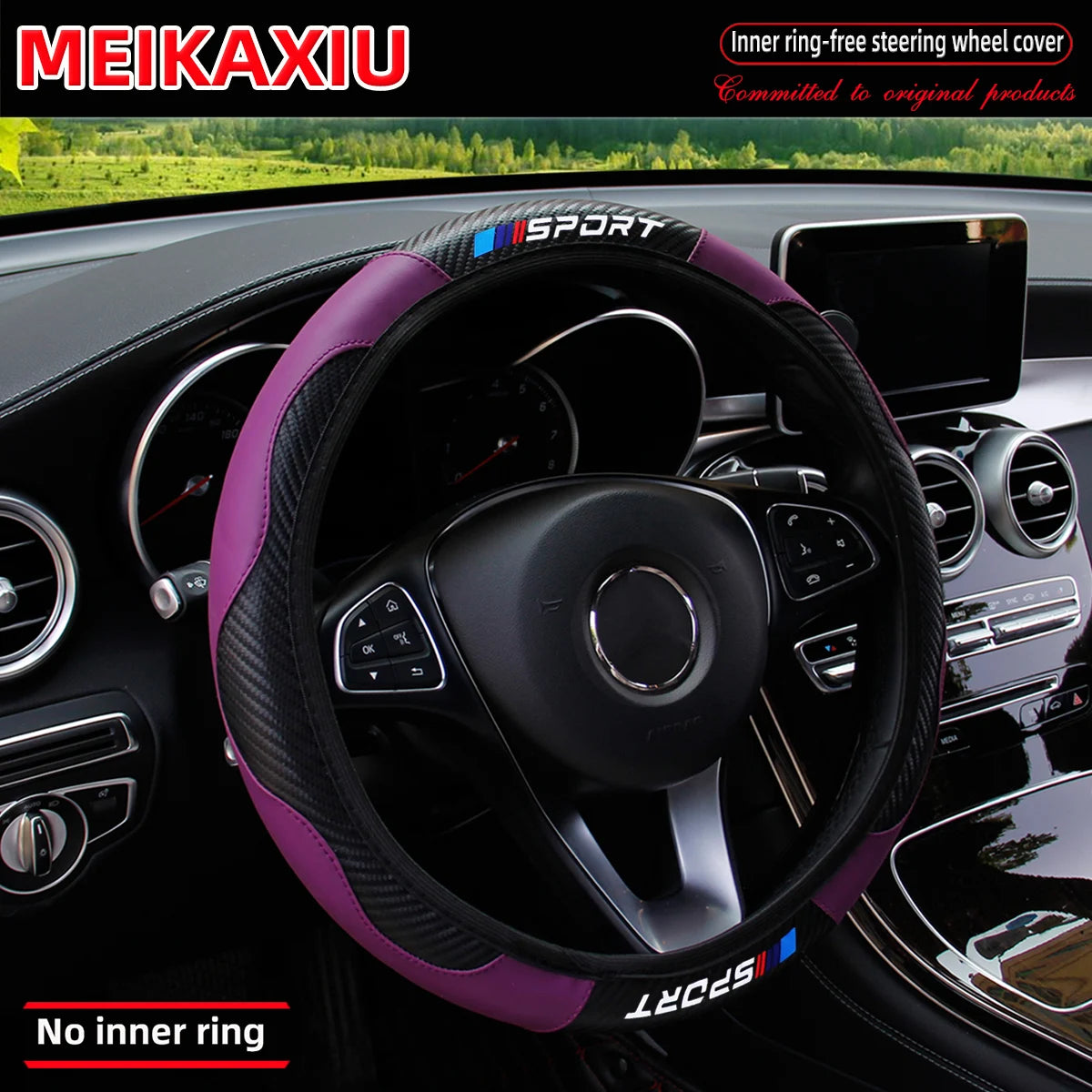 SPORT Carbon Fiber PU Leather Steering Wheel Cover Universal Rimless Non-Slip
