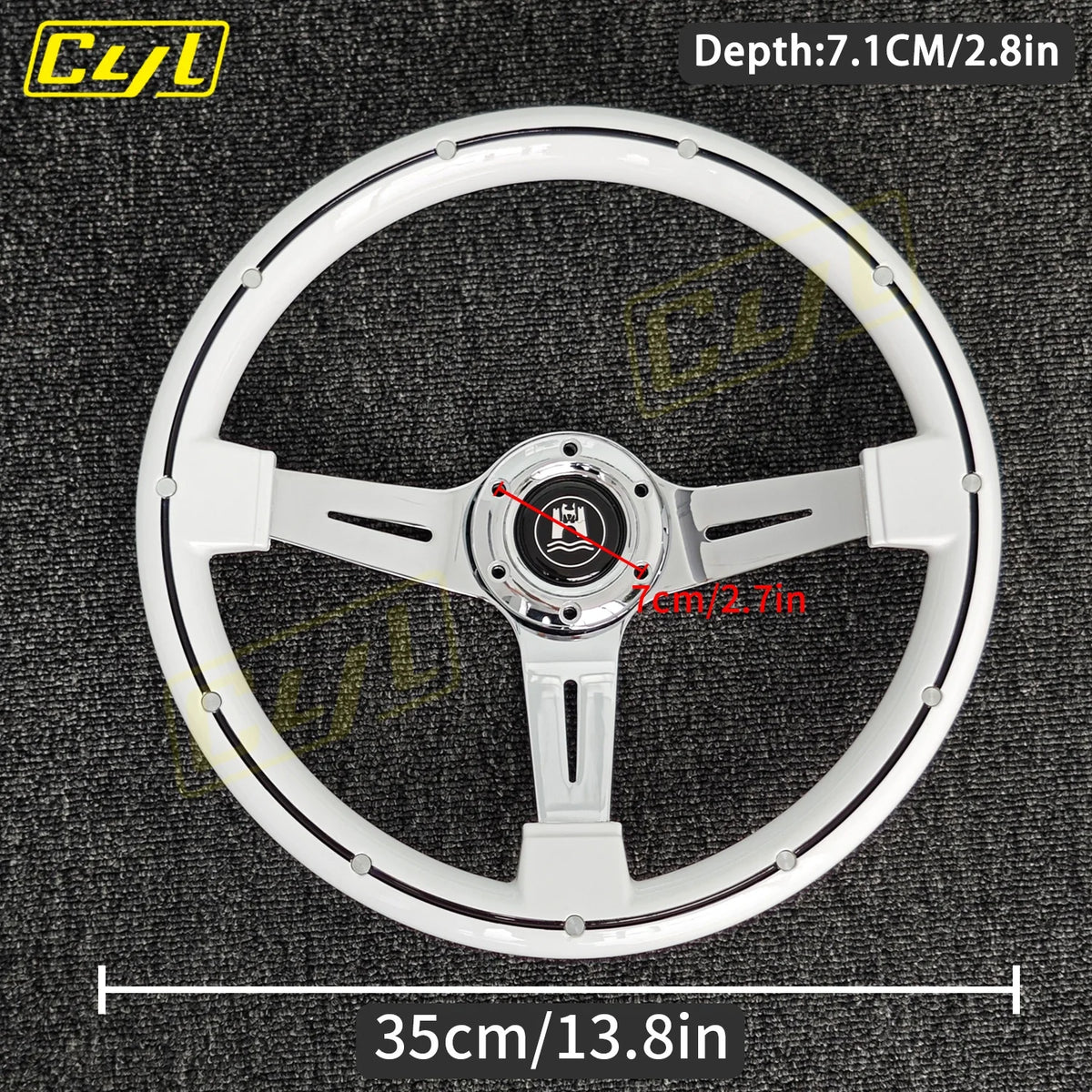 14" White Deep Dish Steering Wheel Chrome Spoke Racing Drift Wheel Rivets