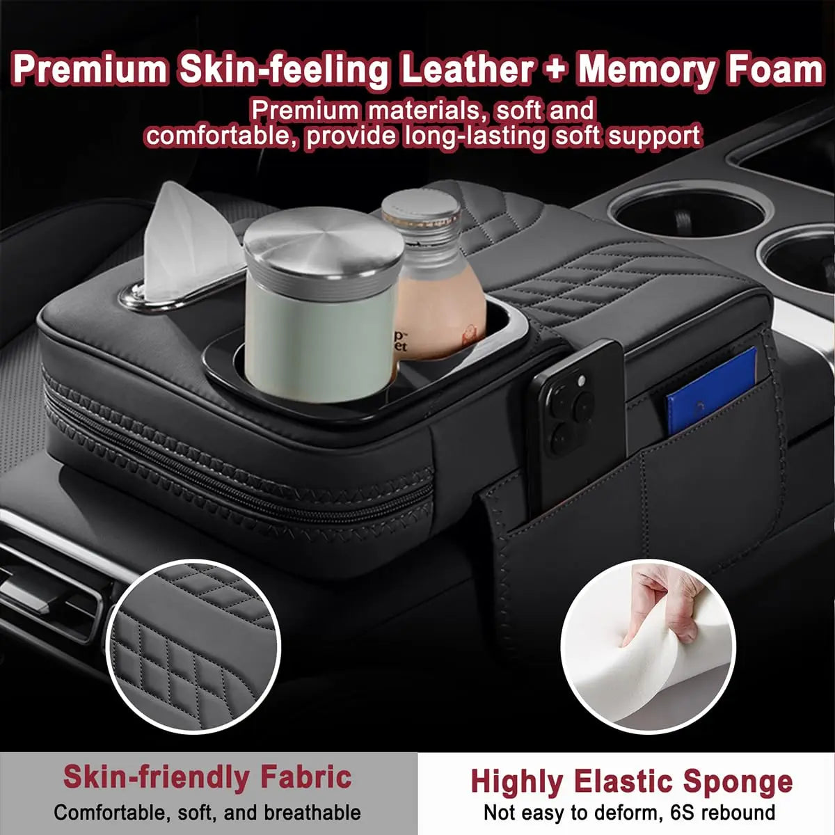 Universal Car Armrest Cushion Center Console Cover Cup Holder Tissue Storage