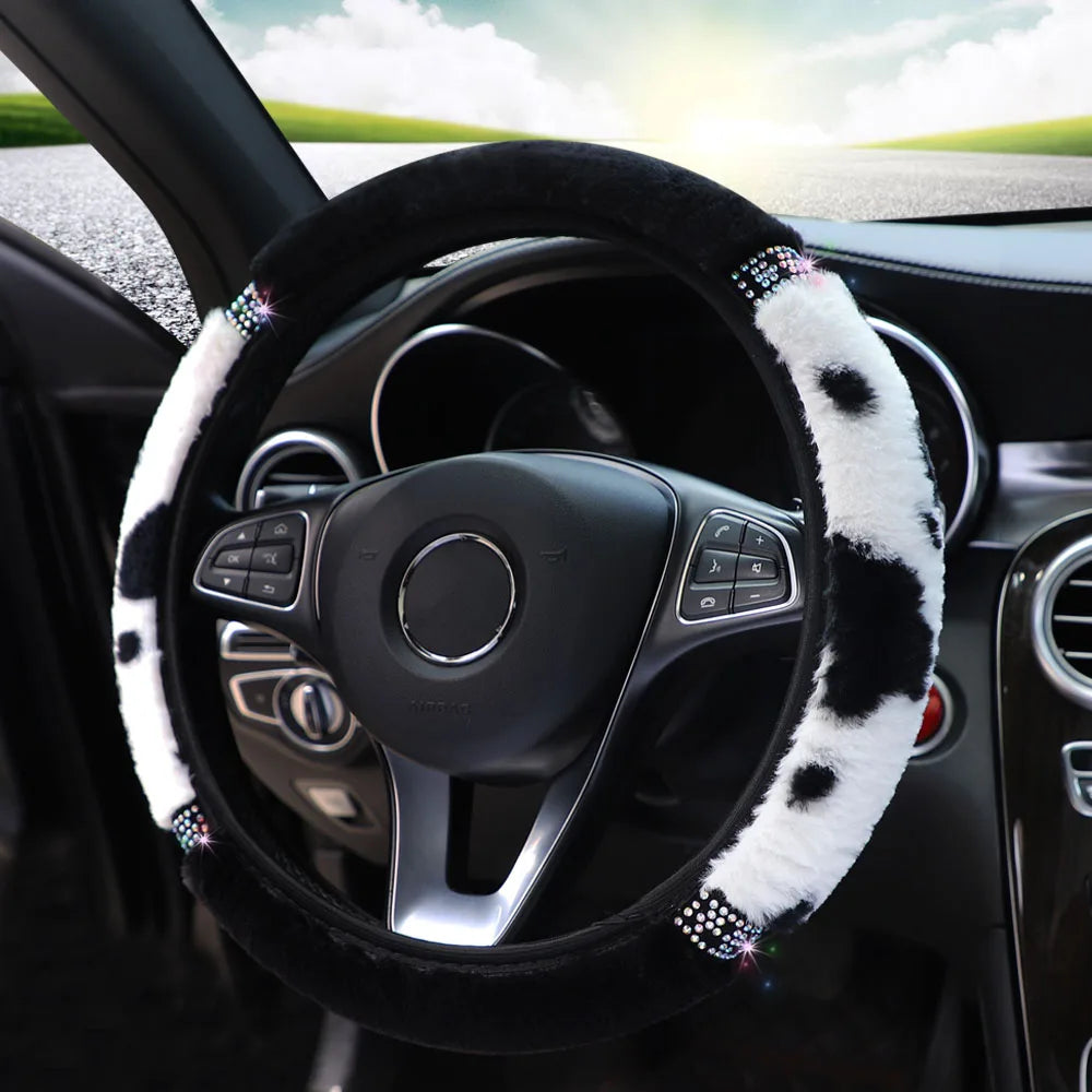 15" Bling Plush Cow Pattern Steering Wheel Cover Winter Warm Rhinestone Universal