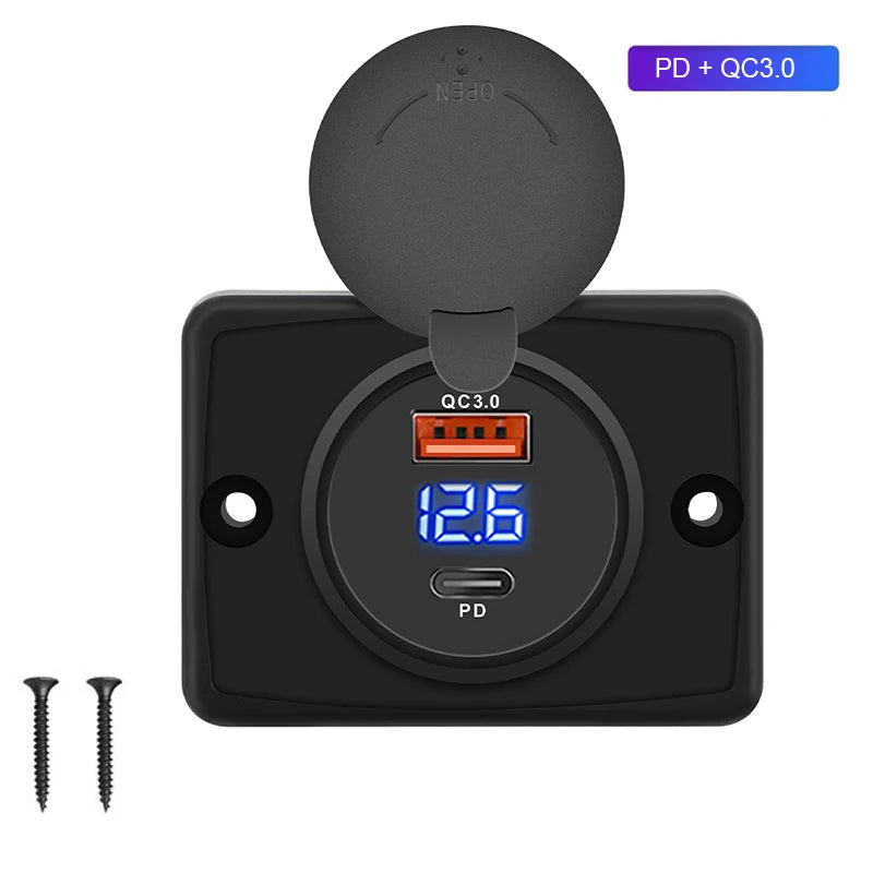 12V-24V Dual USB Car Charger Socket QC3.0 PD 3.1A 2.1A Panel Outlet RV