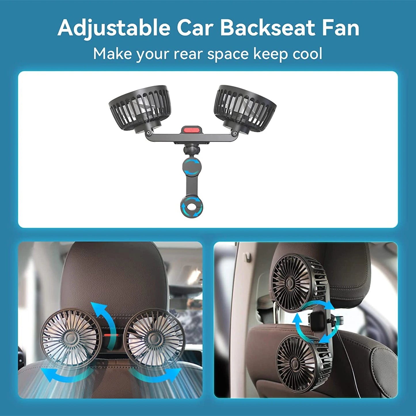 360° Dual Head Car Seat Fan 3 Speed USB Rechargeable Adjustable Cooling