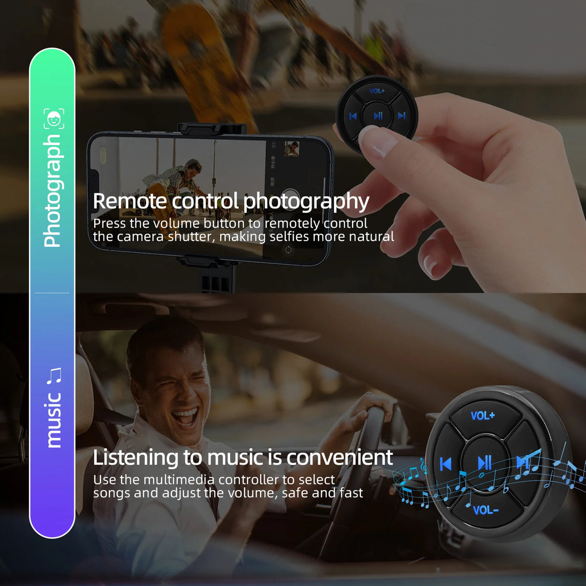 Wireless Bluetooth Car Steering Wheel Media Remote Control 5 Key Android iOS