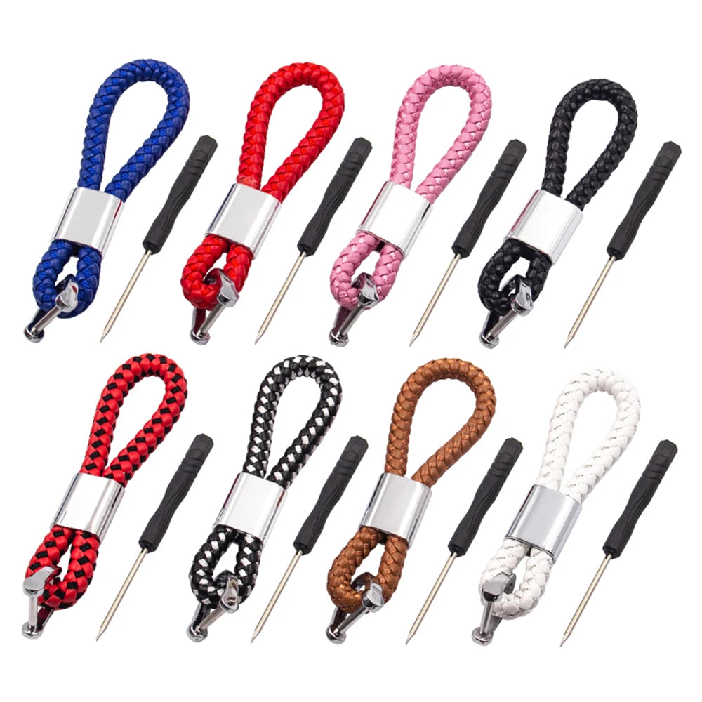 Hand-Woven Leather Car Keychain with Horseshoe Buckle