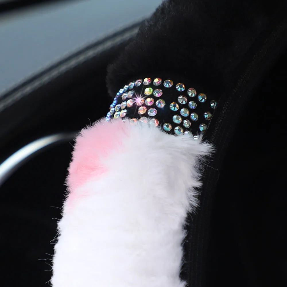 15" Bling Plush Cow Pattern Steering Wheel Cover Winter Warm Rhinestone Universal
