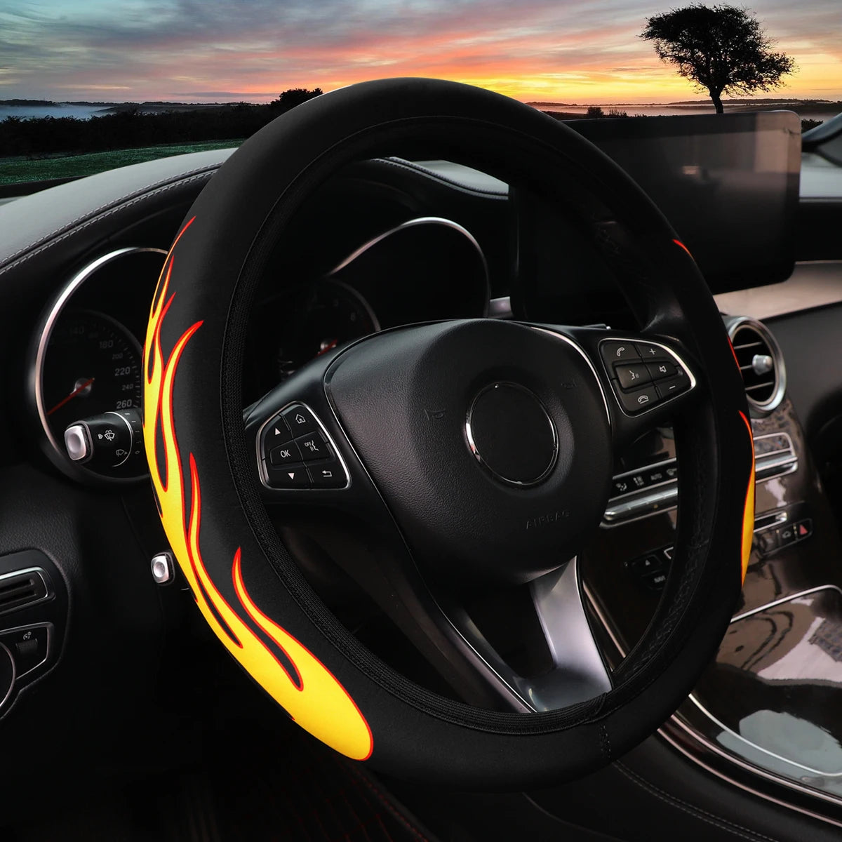 Flame Fabric Steering Wheel Cover – Universal Non-Slip Waterproof 14.5–15 Inch
