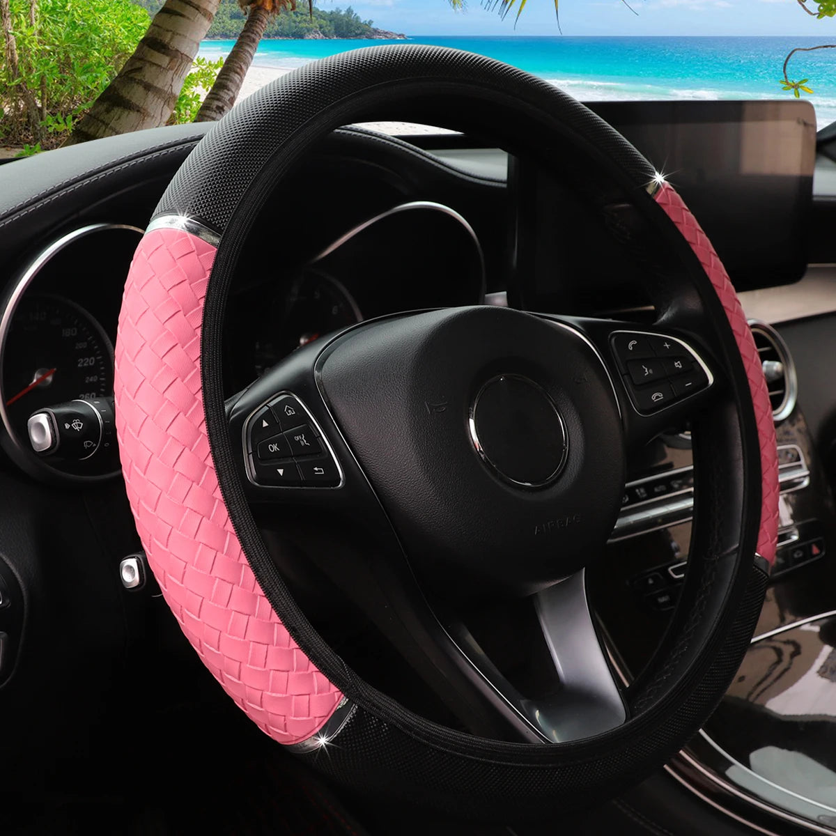 14.5–15" PU Braided Leather Steering Wheel Cover Universal Metal Accent Rimless Cover