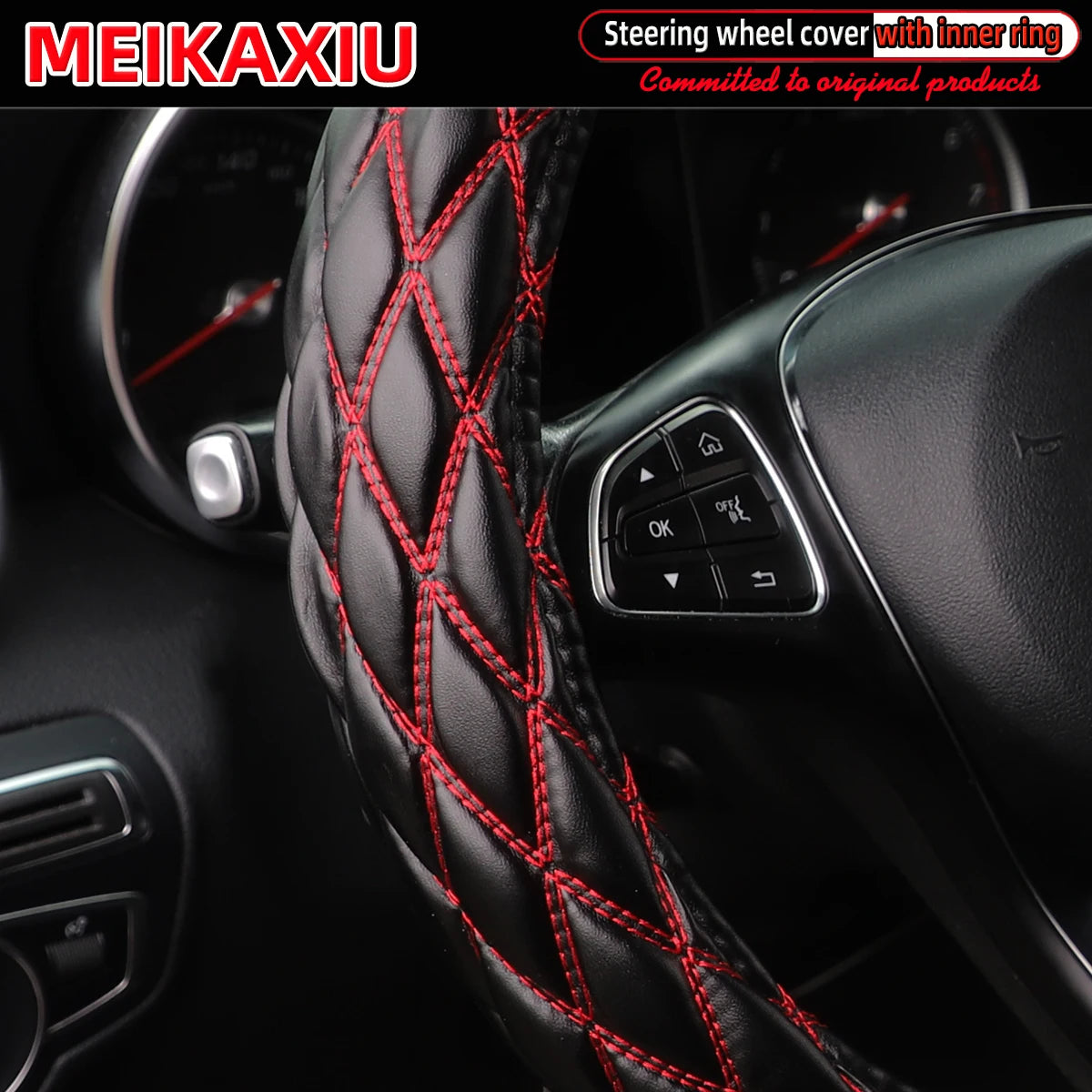 36–38cm Universal PU Leather Sheepskin Embroidered Steering Wheel Cover