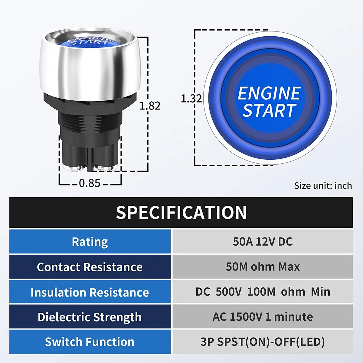 12V 50A 3 Pin Push Button Ignition Starter Switch SPST ON OFF Car RV Marine