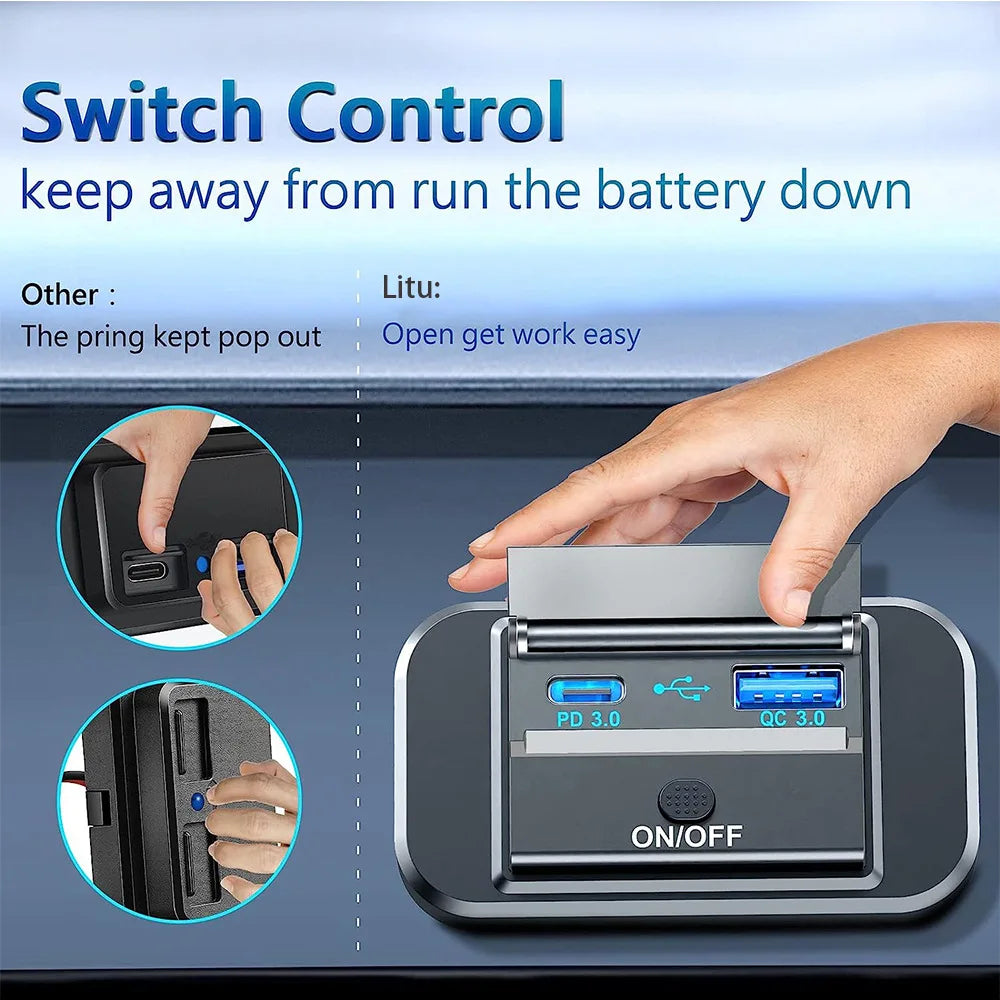 12V-24V Dual USB Car Charger Socket QC3.0 PD Fast Charge ON/OFF Switch RV