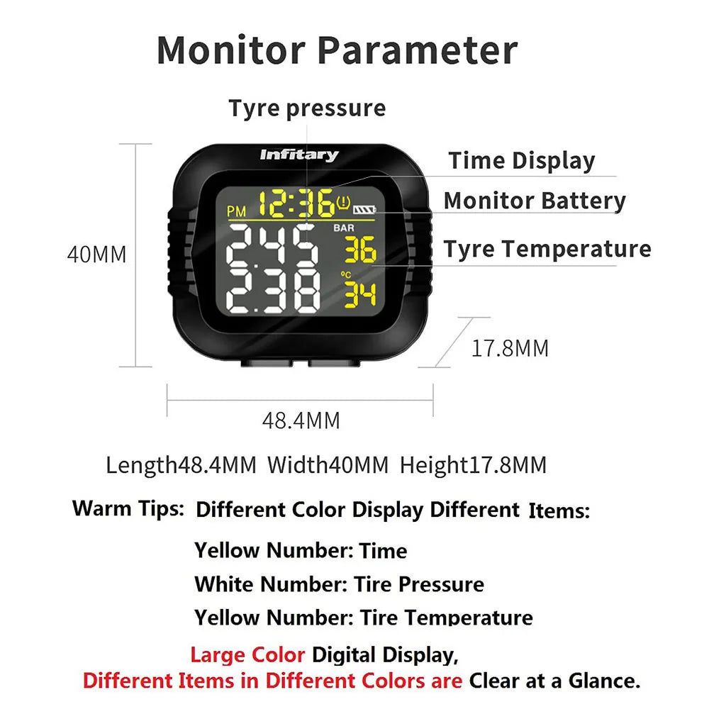 Motorcycle TPMS Tire Pressure Monitor Wireless LCD Color Display Digital System
