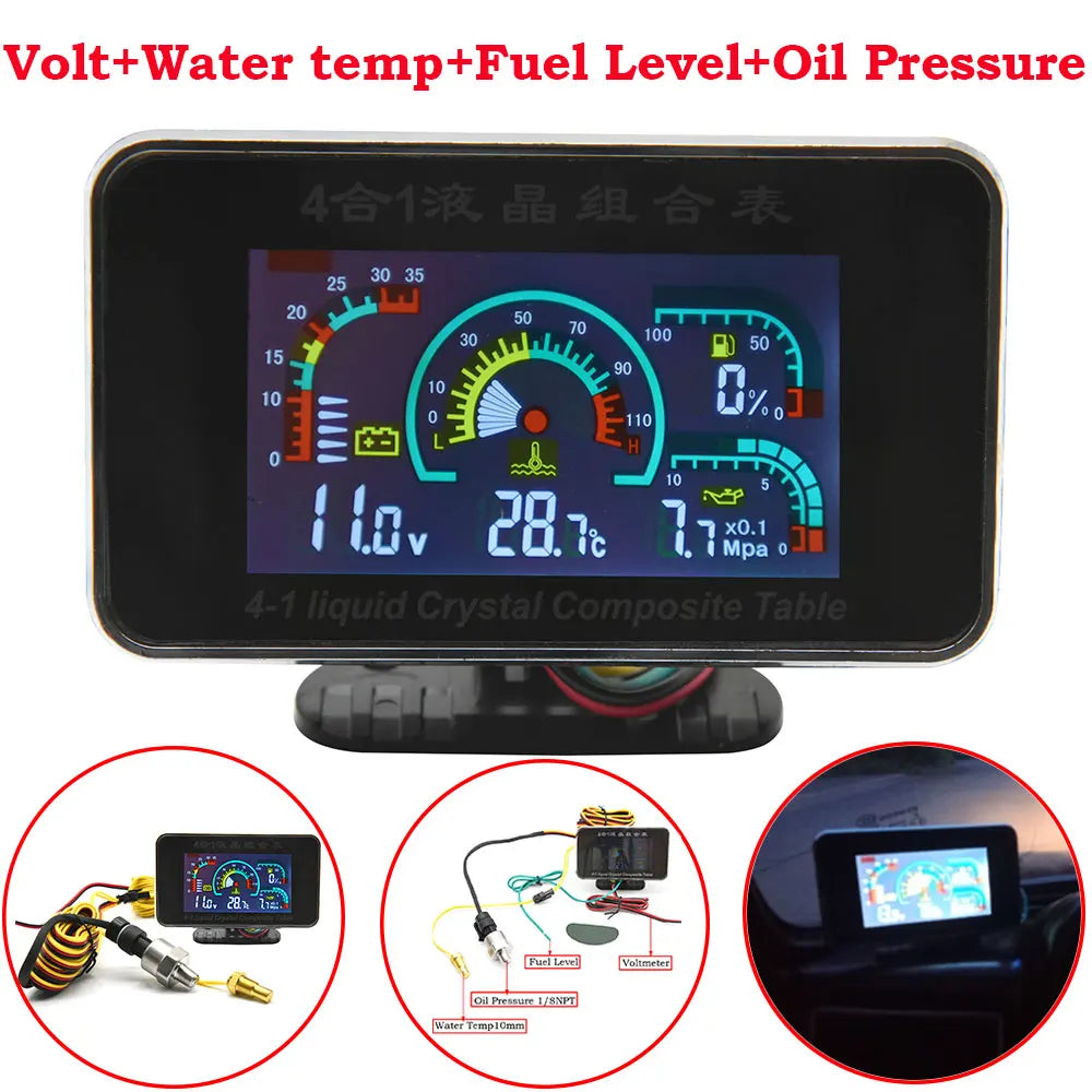 2/3/4-in-1 LCD Digital Oil Pressure Gauge Voltmeter Fuel Level Water Temp
