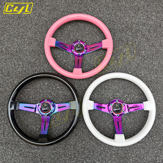 JDM Pink Black White ABS Steering Wheel Neo Chrome Spoke Deep Dish Drift Wheel