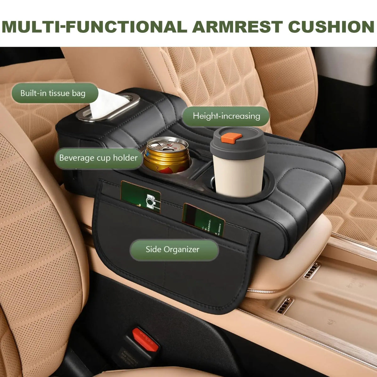Universal Car Armrest Cushion Center Console Cover Cup Holder Tissue Storage