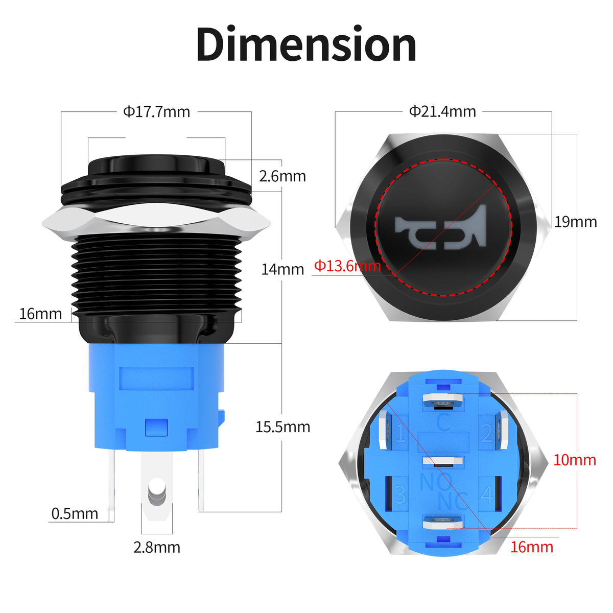 DaierTek 12V 16mm Momentary Horn Push Button Switch Car Boat Motorcycle