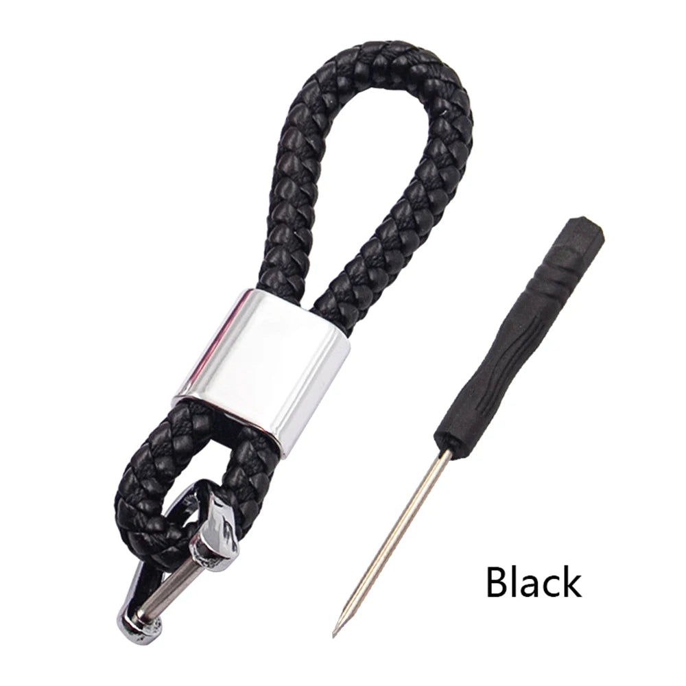 Hand-Woven Leather Car Keychain with Horseshoe Buckle