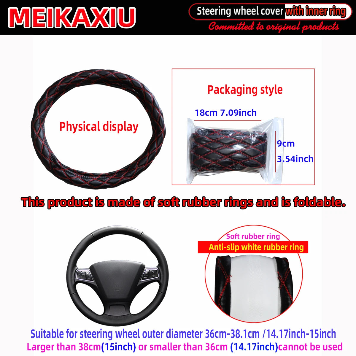 36–38cm Universal PU Leather Sheepskin Embroidered Steering Wheel Cover