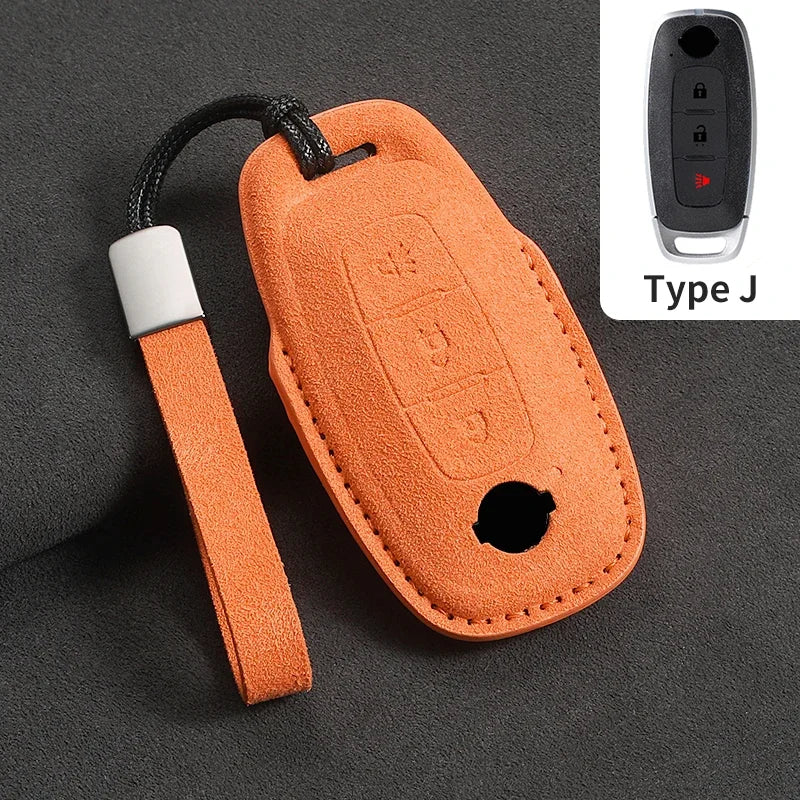 3-Button Suede Smart Key Case Cover with Keyring for Nissan Qashqai X-Trail