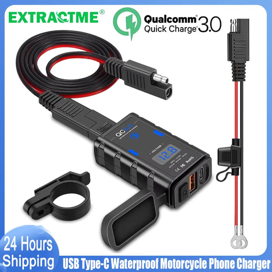 Motorcycle USB Charger QC3.0 Type C 6.4A Waterproof Socket with Voltmeter