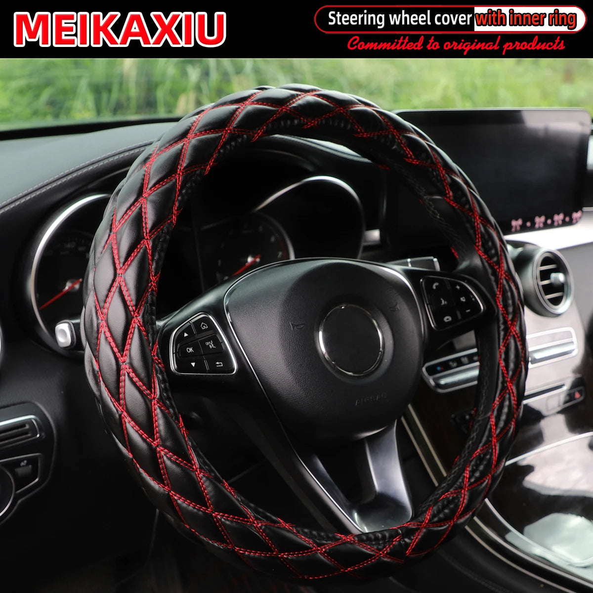 36–38cm Universal PU Leather Sheepskin Embroidered Steering Wheel Cover