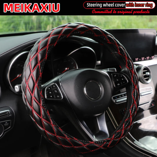 36–38cm Universal PU Leather Sheepskin Embroidered Steering Wheel Cover