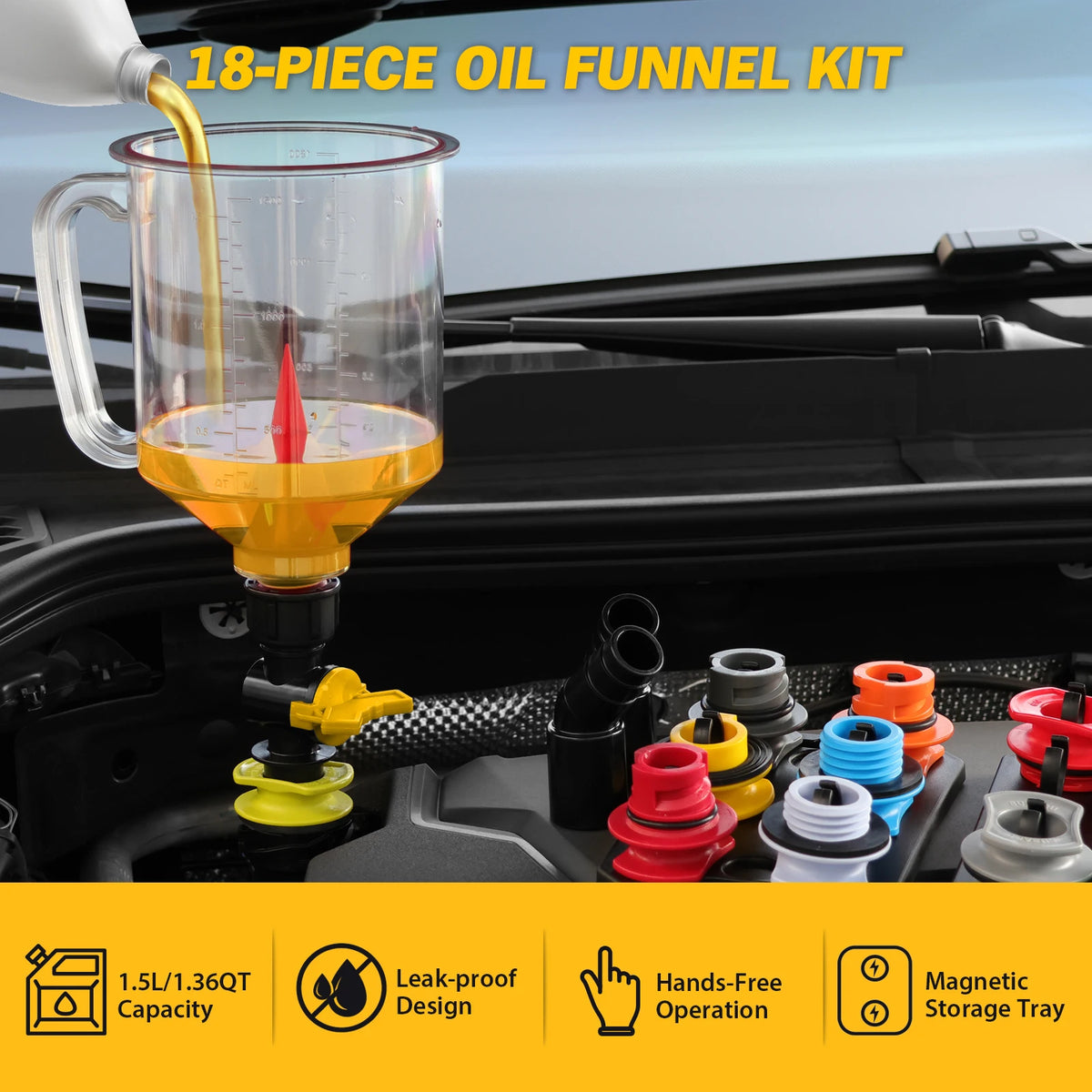 18Pcs Engine Oil Funnel Filling Kit 1.5L Coolant Funnel Set Automotive Tool
