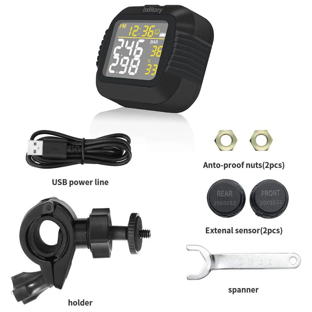 Motorcycle TPMS Tire Pressure Monitor Wireless LCD Color Display Digital System