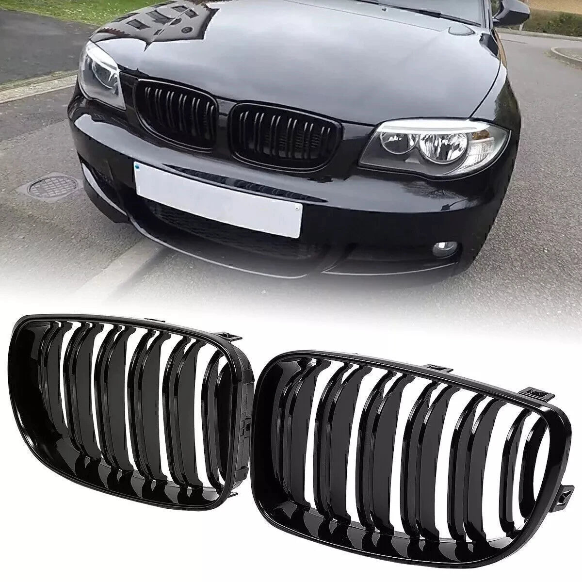 Gloss Black Double Slat Kidney Grille for BMW E81 E82 E87 E88 128i 130i 2008–2013