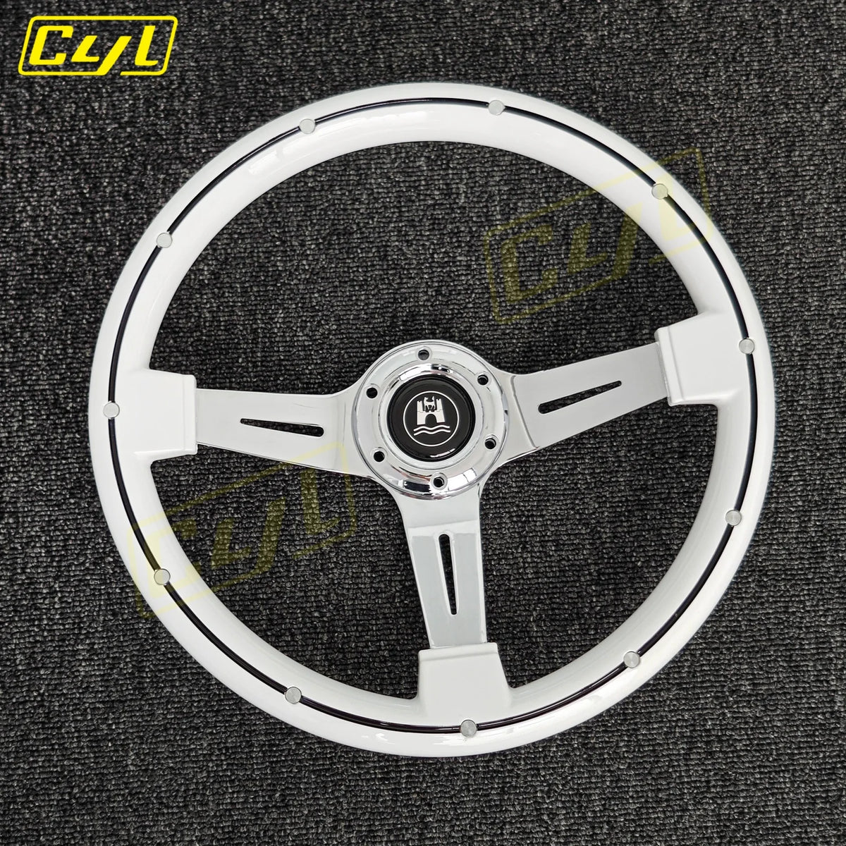 14" White Deep Dish Steering Wheel Chrome Spoke Racing Drift Wheel Rivets