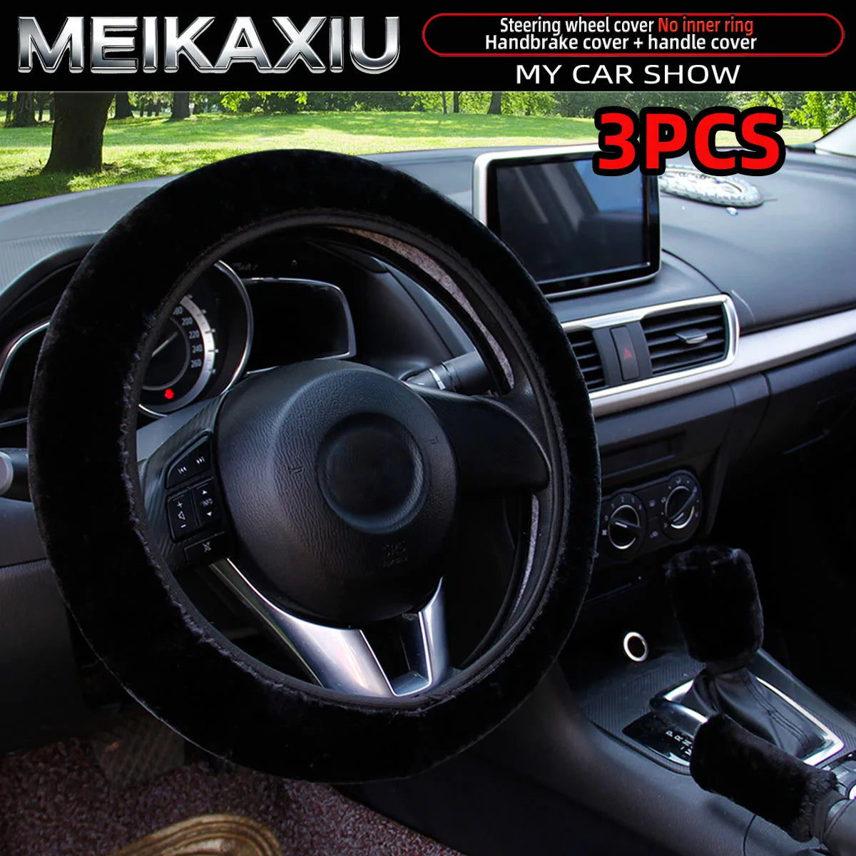 3PCS Winter Plush Car Interior Cover Set Steering Wheel Gear Shift Handbrake Cover