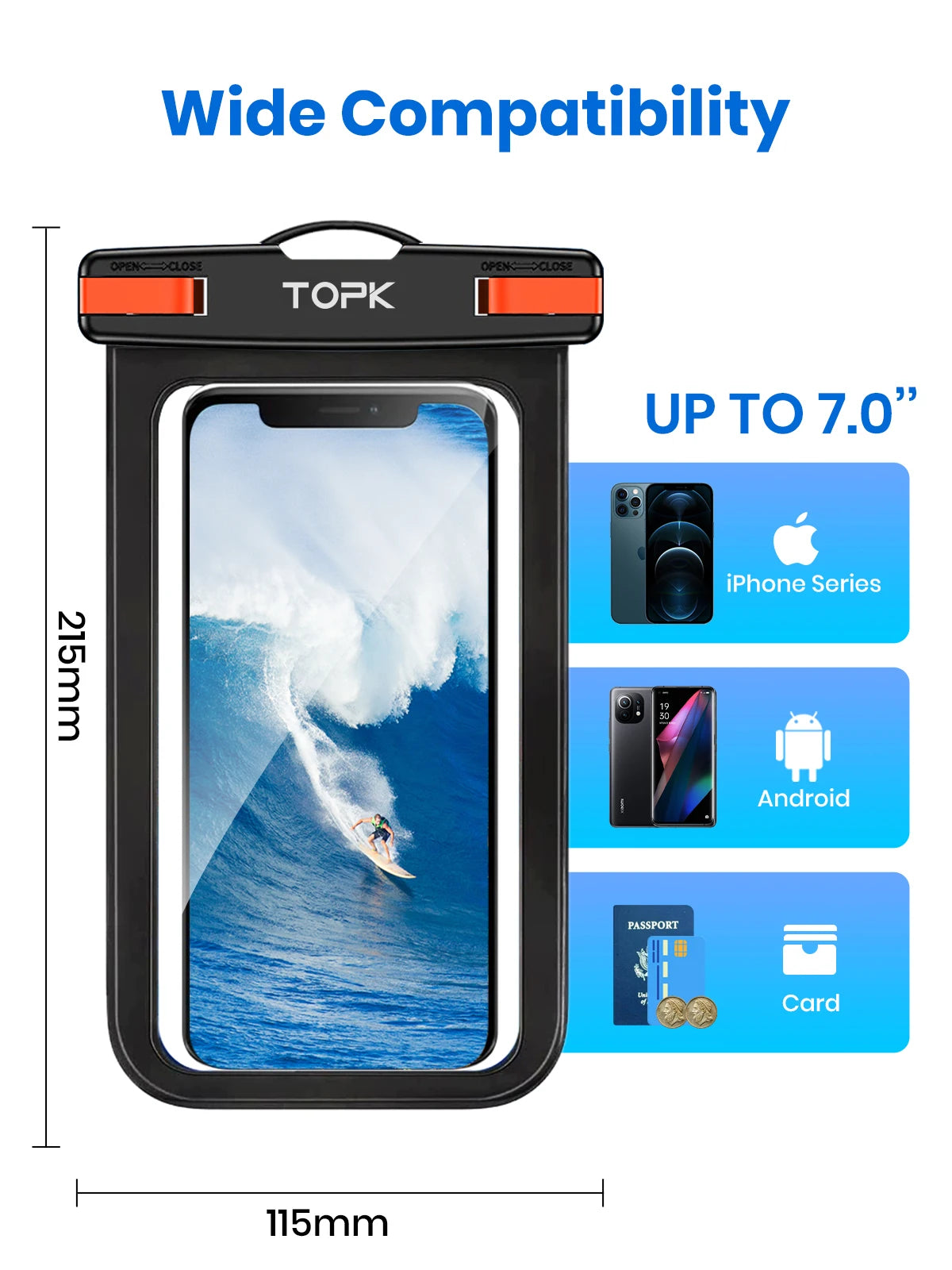TOPK E01 Waterproof Phone Pouch IPX8 Dry Bag Case Lanyard iPhone Samsung