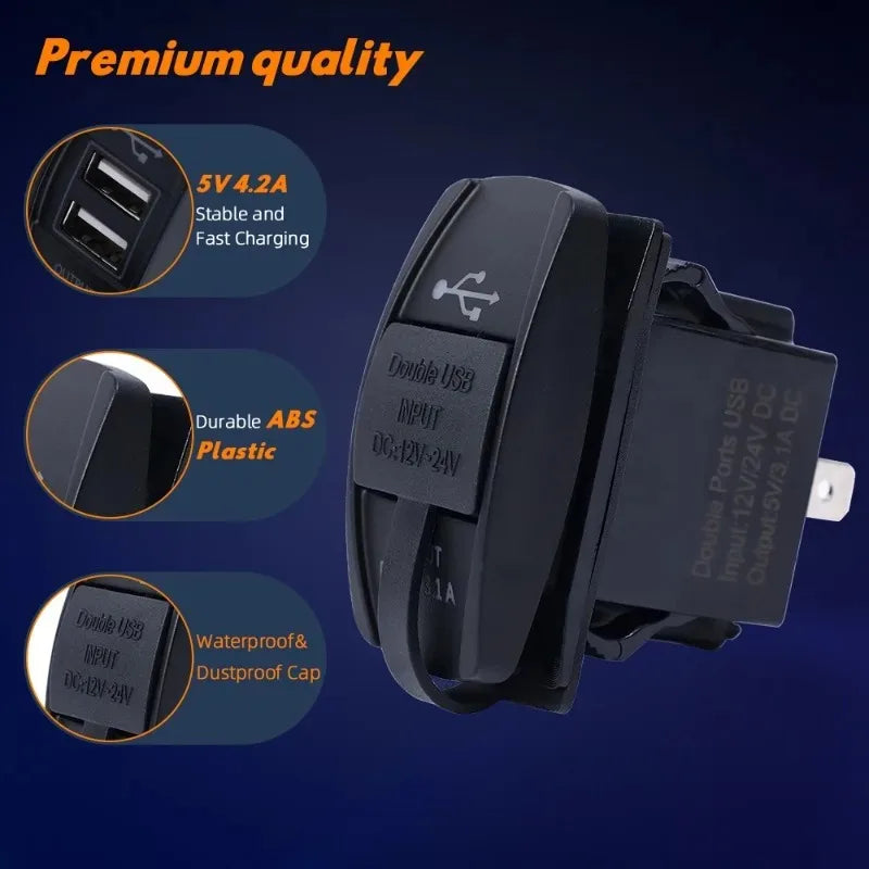 Universal Dual USB 12V Car Charger 2-Port 3.1A/4.2A Waterproof USB Power Adapter