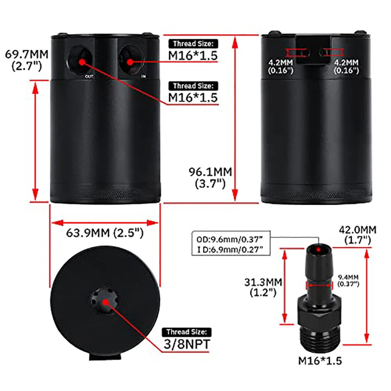 Universal 200ml Aluminum Oil Catch Can 2-Port Baffled Reservoir Tank