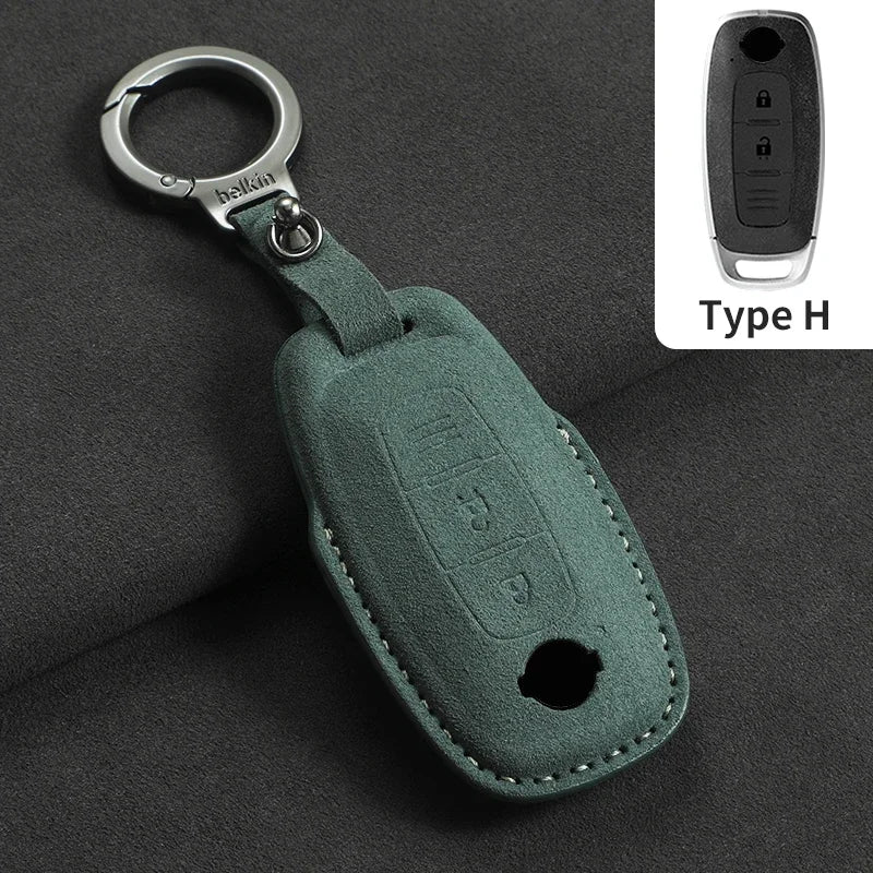 3-Button Suede Smart Key Case Cover with Keyring for Nissan Qashqai X-Trail