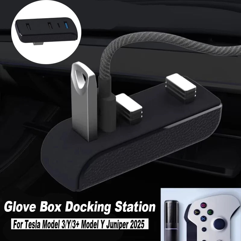 4-in-1 USB Hub Glove Box Docking Station for Tesla Model 3 Y Juniper USB Extender