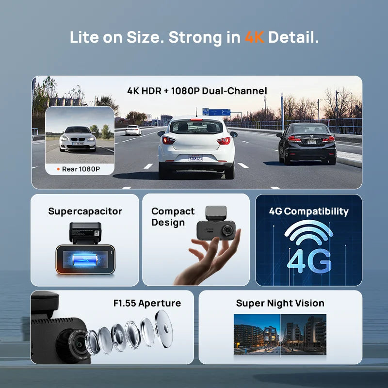 70mai A810 Lite 4K HDR Dash Cam with 1080P Rear Camera Wi-Fi 6 GPS Car DVR