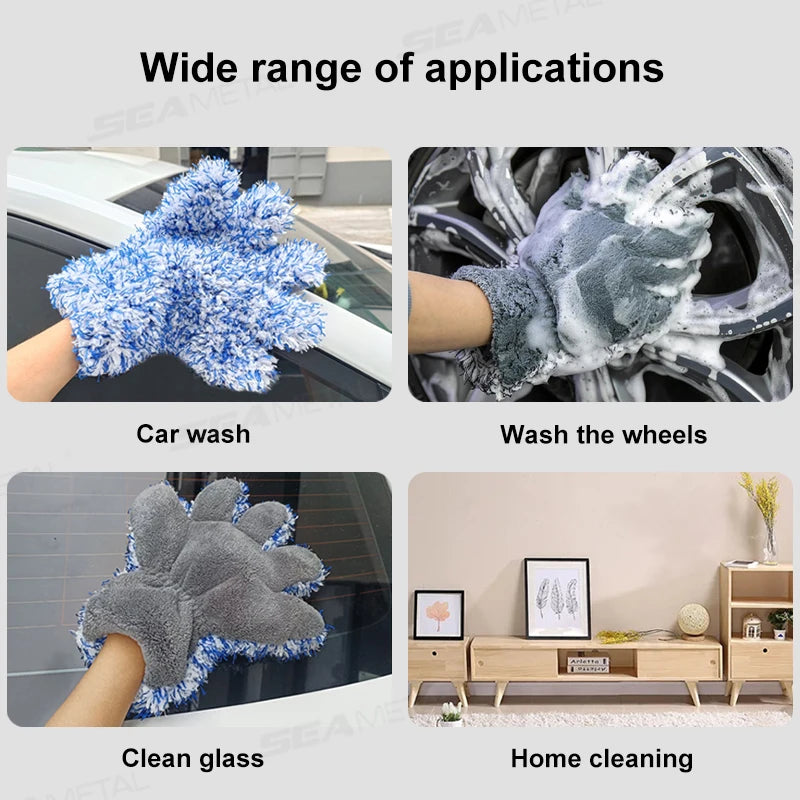 SEAMETAL 5 Finger Car Wash Glove Double Sided Plush Coral Cleaning Mitt