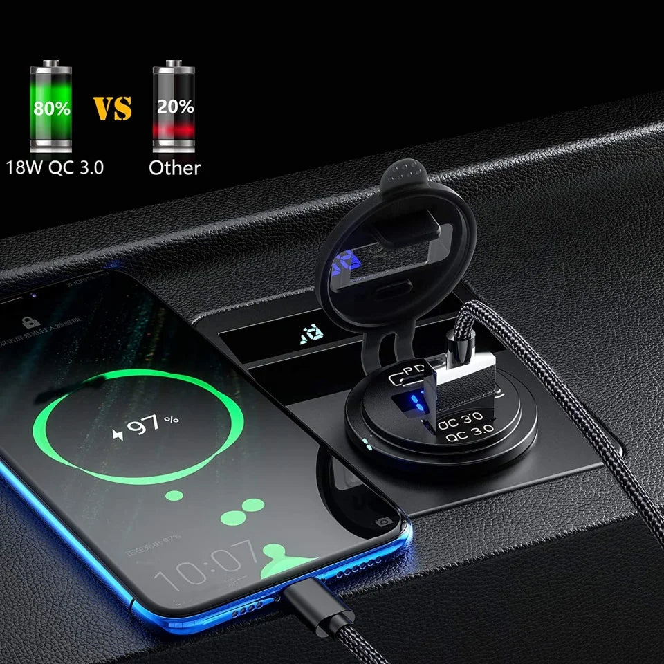12V 48W USB Charger Socket PD Type C QC3.0 Waterproof Car Boat Marine Truck