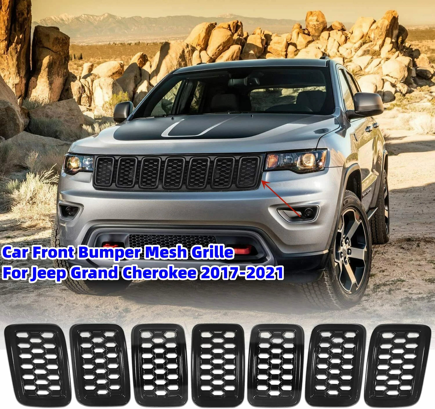 Front Honeycomb Mesh Grille Cover Trim for Jeep Grand Cherokee 2017–2021