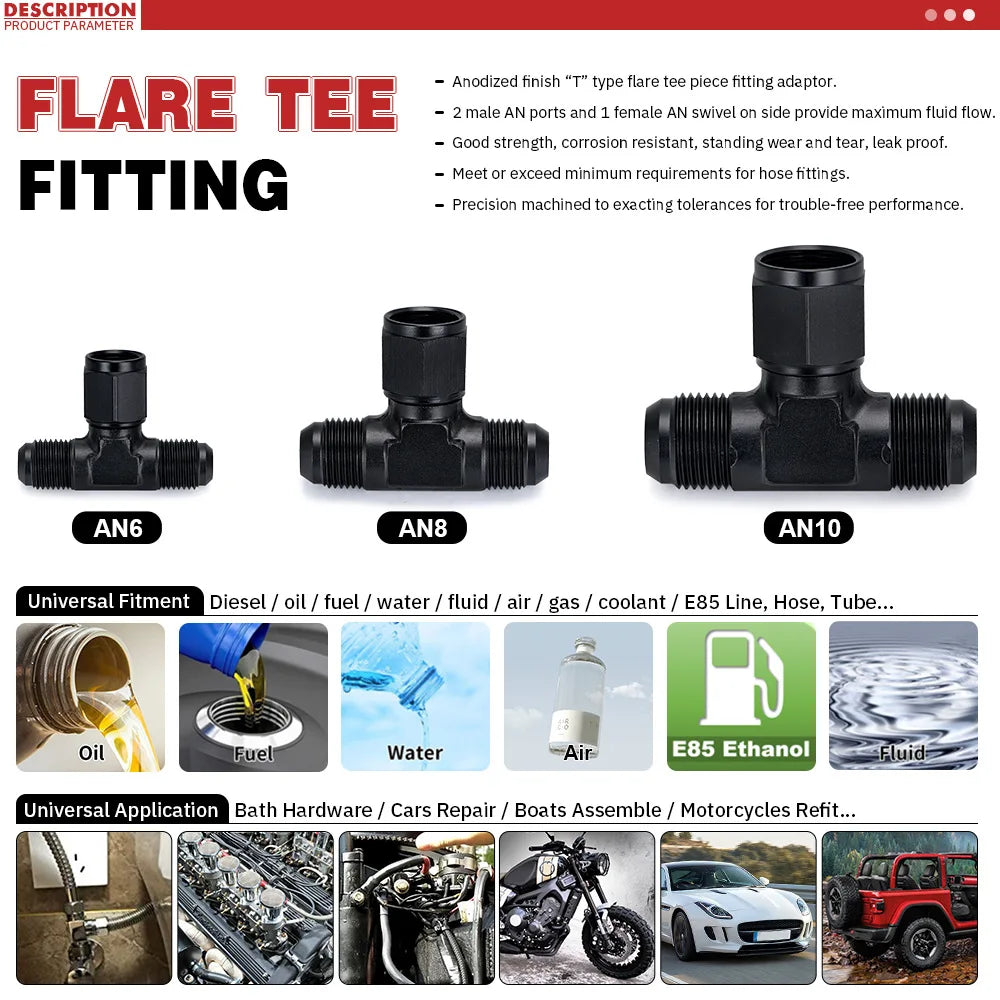 Black Aluminum AN6 T Block Fuel Hose Tee Union Adapter 6AN to 2x 6AN