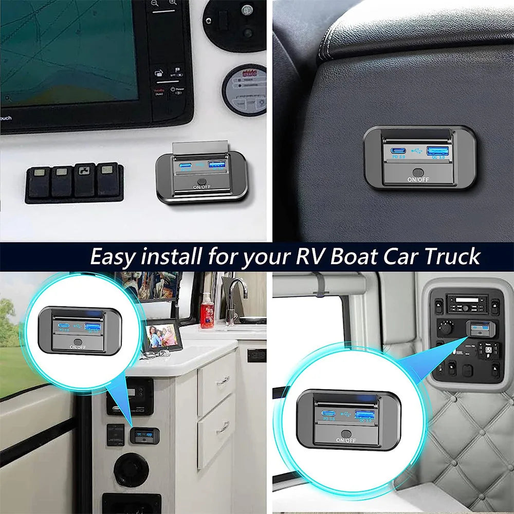 12V-24V Dual USB Car Charger Socket QC3.0 PD Fast Charge ON/OFF Switch RV